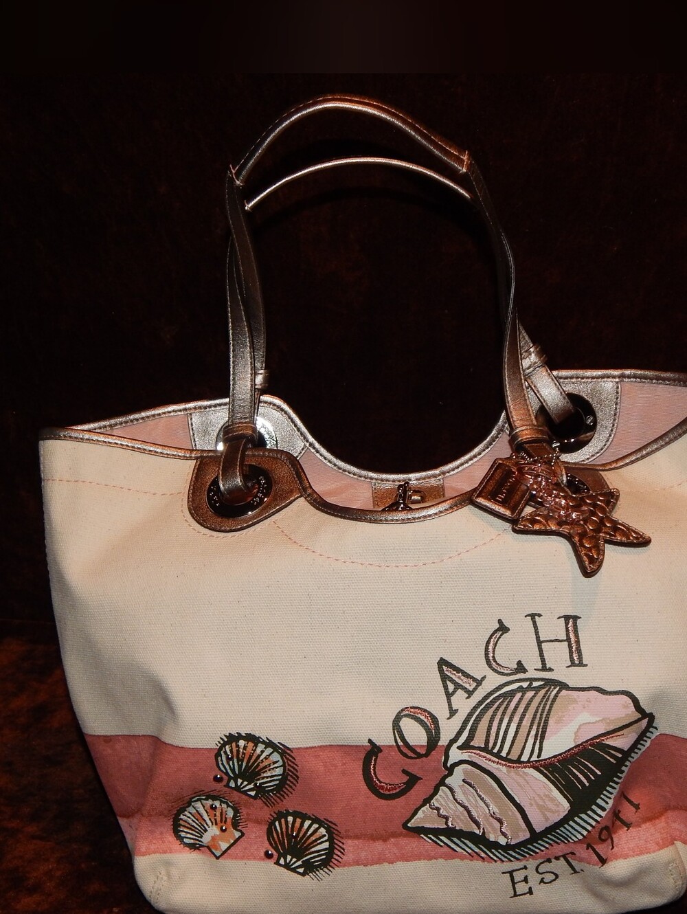 Coach Cream and Pink Canvas Tote with Shell Motif